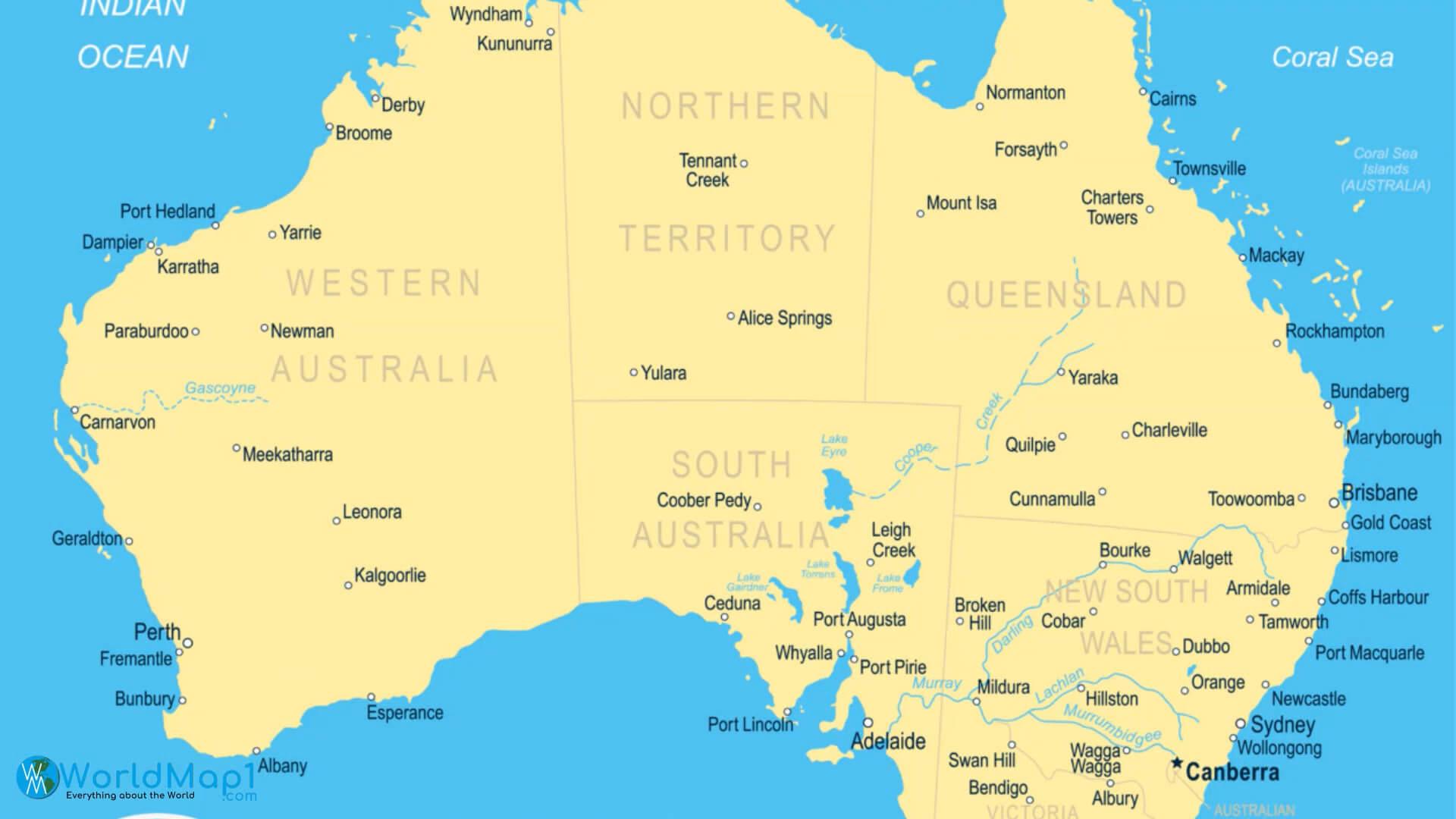 Indian Ocean and Coral Sea with Australia Map